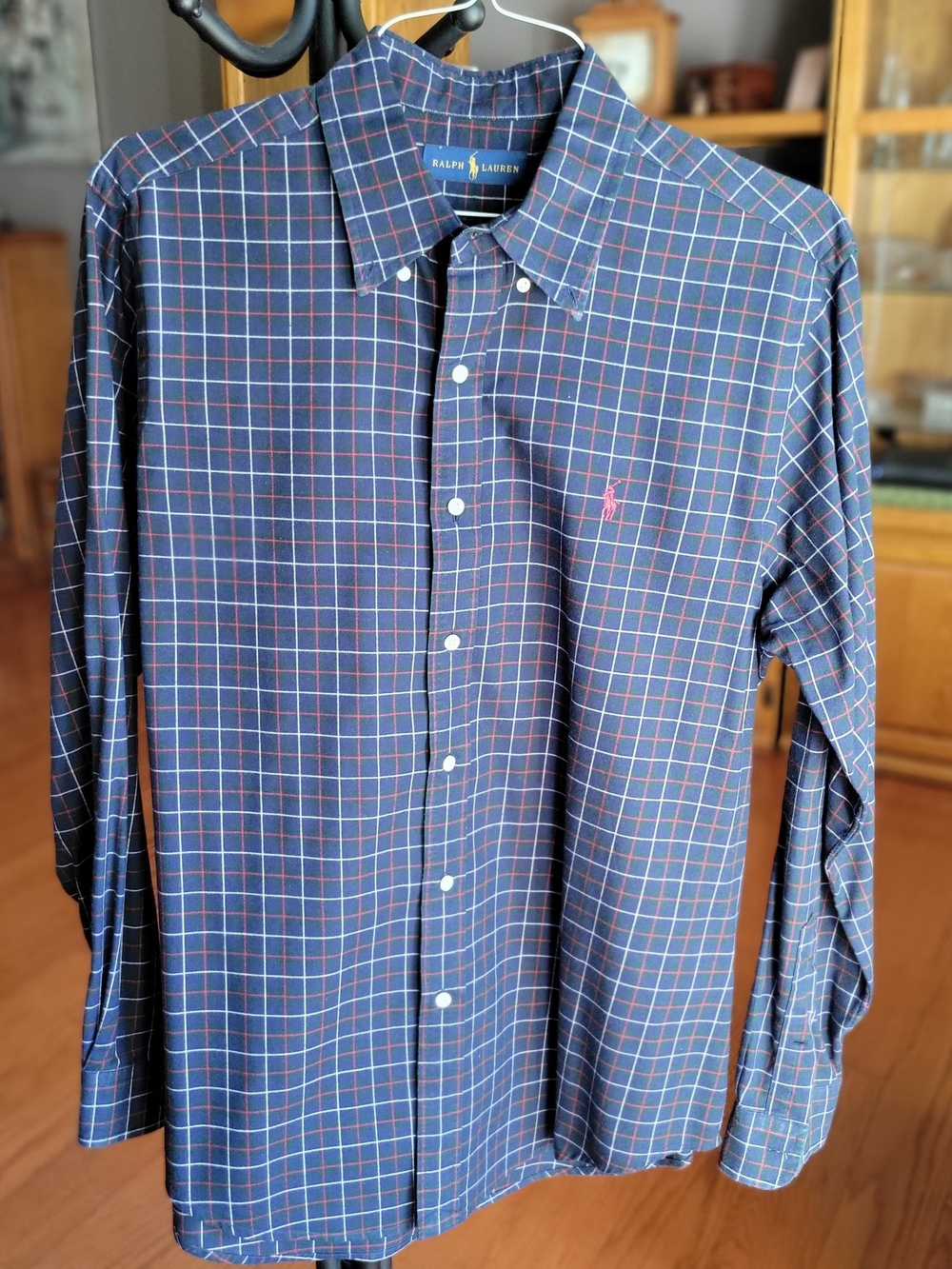 Ralph Lauren Navy Plaid Long-Sleeve Button-Down Shirt with Red Accent